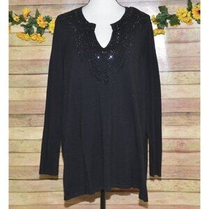 Charter Club Women's Plus 2X Black Thin Sweater Knit Top Shiny Beaded V-Neck
